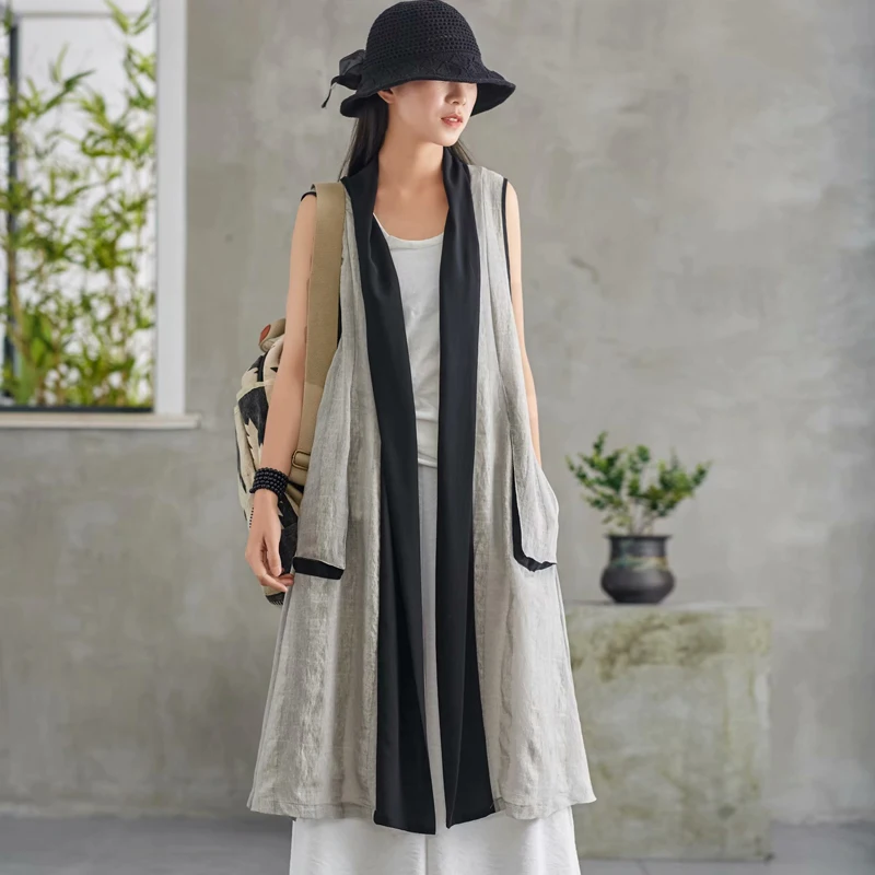 

2019 Flax Solid Color Split Joint Sleeveless Cardigan Woman Leisure Time Woman Long Outer Cover