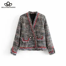 Wonder Осенняя винтажная двубортная твидовая куртка с жемчугом и бахромой, пальто с v-образным вырезом и карманами, женская верхняя одежда, повседневная Casaco Femme