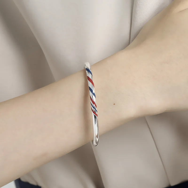 

New Year Gift Real 925 Sterling Silver Adjustabel Cuff Bracelets Red Blue Varnish Star Spangled Banner Sterling Bangle Open Lock