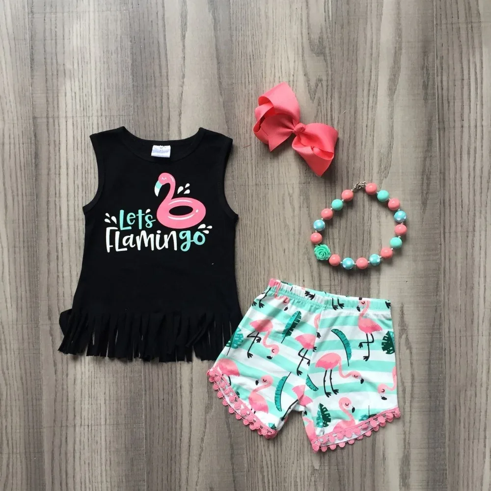 

new arrivals Summer outfit let's flamingos shorts ruffles pom-pom stripe shorts baby kids wear boutique with match accessories