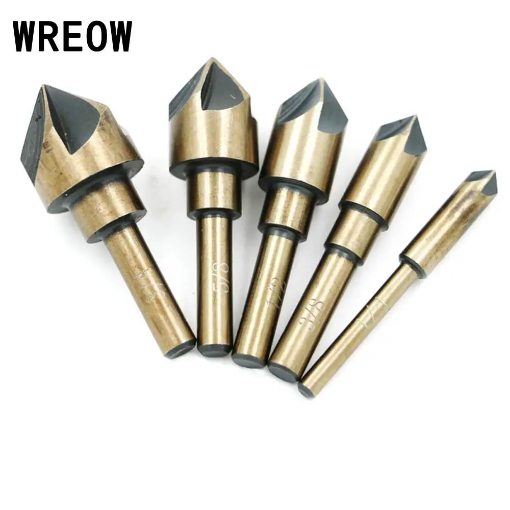 

5PCS 5 Flute Countersink Drill Set 6mm/10mm/13mm/16mm/19mm 80 Degree Point Angle Chamfer Chamfering Cutter Reamer Hand Tools