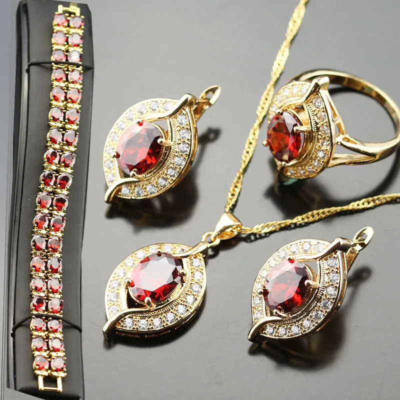 

Stylish Jewelry Set For Women Red Created Garnet White Zircon Silver Color Rings/Earrings/Necklace/Pendant/Bracelets