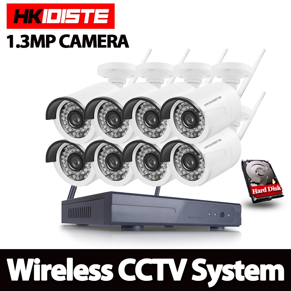 

HKIXDISTE Outdoor Bullet Waterproof 8CH Wireless IP Camera CCTV System P2P All In One Standalone NVR 960P 1.3MP Wifi Kit System