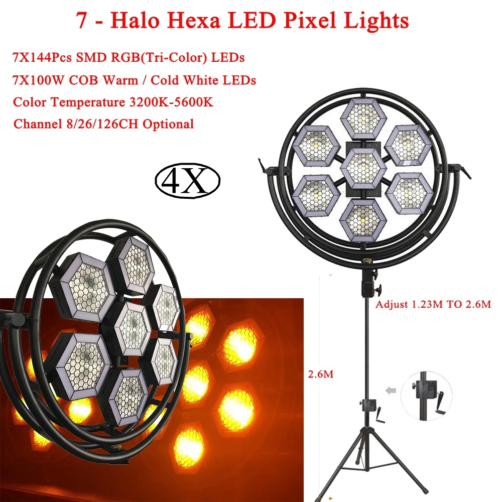 

4Pcs/Lot NEW DJ Equipment 7 - Halo Hexa LED Pixel Lights 7X144 RGB 3IN1 LEDs And 7X100W COB Warm/Cold White LEDs Stage Lighting