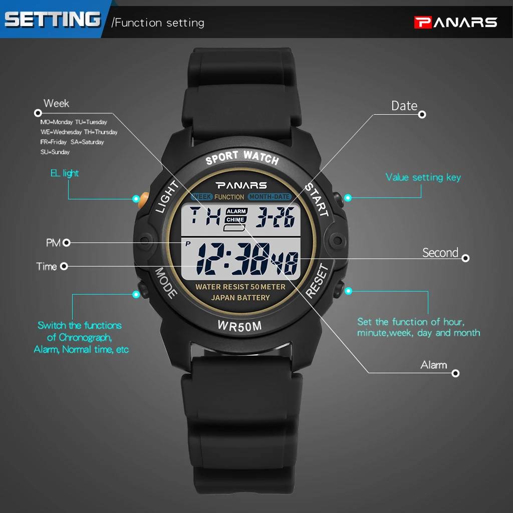 PANARS Outdoor Sports Watch Digital Watches Mens Waterproof Alarm Clock 5Bar LED Black Fashion Watch Mens Chronograph Watch