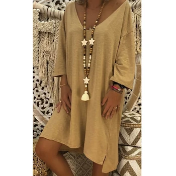 

2019 Summer Sexy v-neck Dress Vestido Women Three Quarter Sleeve knee-length Dresses Loose Robe Femme