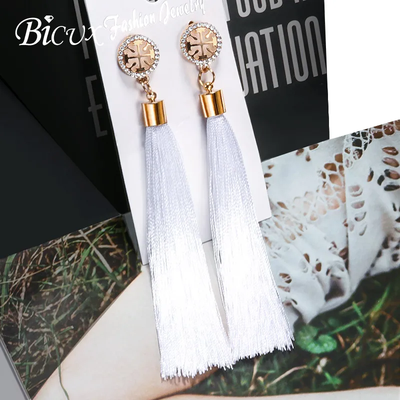 BICUX богемные золотые длинные висячие серьги с кисточками для Женщин, Модные Винтажные этнические серьги с подвеской-треугольником, ювелирное изделие - Окраска металла: White B