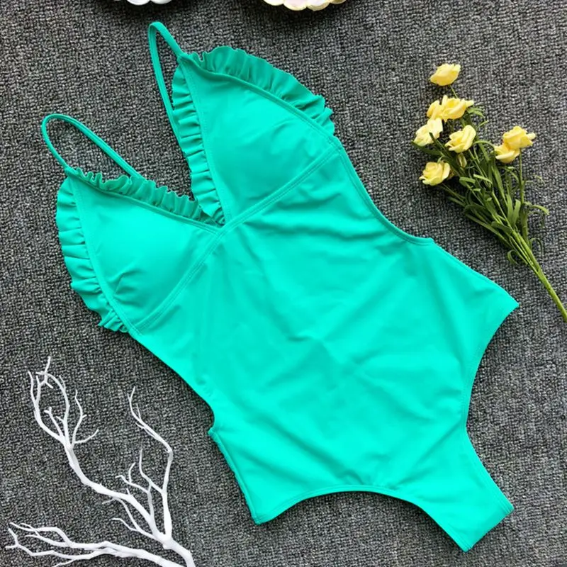 

2019 Bikini Womens Sexy One Piece Pleated Ruffles Patchwork V-Neck Fluorescent Solid Color Open Back Swimwear Bathing Suit