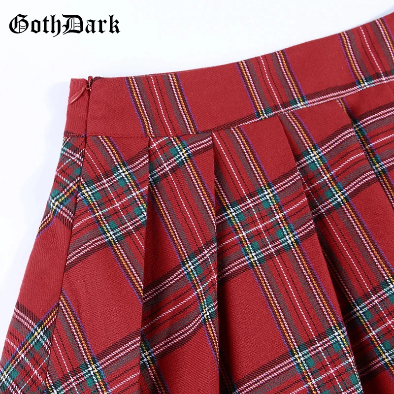 Goth Dark Red Plaid Punk Gothic Skirts Patchwork Rivet Belt Pleated Asymmetrical Belt Grunge Women's Skirt Fall2019 Fashion Sexy