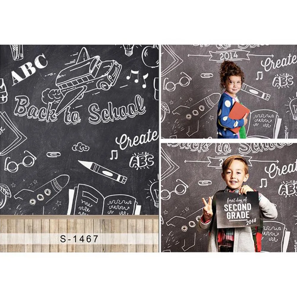 

Back to School Themed Backdrop Photography Printed Drawing Bus Books on Blackboard Kids Children Photo Background Wood Floor