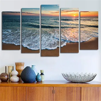 

2016 Wall Art Printed Modular Pictures On The Wall Sea Beach Landscape Posters Canvas Paintings Home Decoration No Frame 5Planes