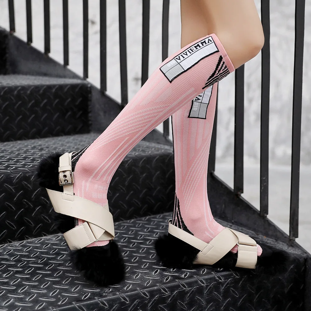 DTSTARZG Printing Striped Network Fashion Harajuku Sexy Personality Knee Socks Cute Pink Gray Black Ventilation Long Cotton Sock
