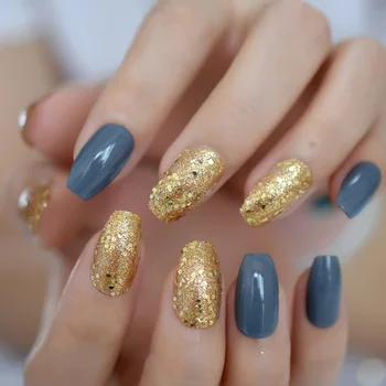 

Glossy Ballerina Fake Nails Gold Glitter Pigment Press On Fingernails Grey Coffin Lady Fashion False Nail with Glue Sticker