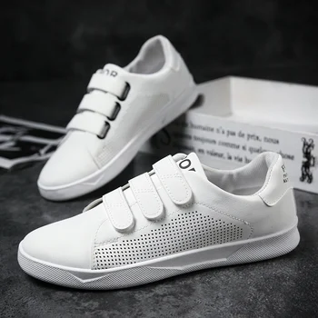 

Mens Casual Shoes Vulcanized Solid Flats Shoes Red White Sneakers Breathable Men Hook&loop Leather Shoes Zapatos De Hombre 2019