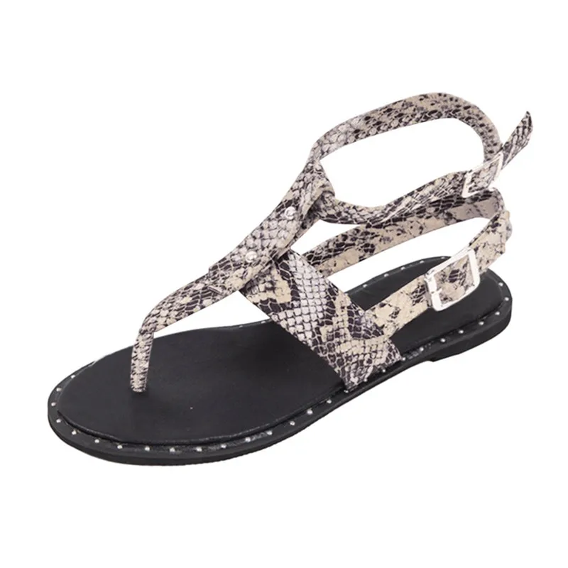 Летняя женская обувь из искусственной кожи со змеиным узором удобные римские сандалии на плоской подошве с пряжкой женские повседневные мягкие сандалии большого размера#40 - Цвет: Белый