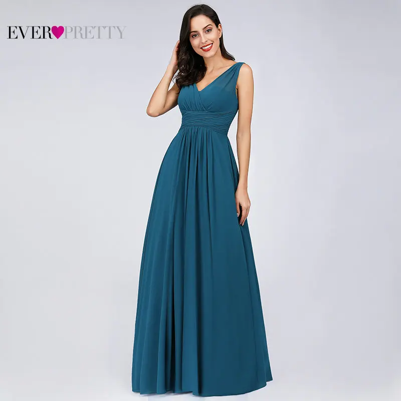 

Prom Dresses 2019 Ever Pretty EB07657 Elegant A-line V-neck Teal Tulle Sleeveless Simple Long Party Gowns Sexy Vestido Formatura