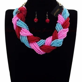 

JEROLLIN Fashion Jewelry Set Resin Beads Bib Pendant Choker Statement Necklace Earrings