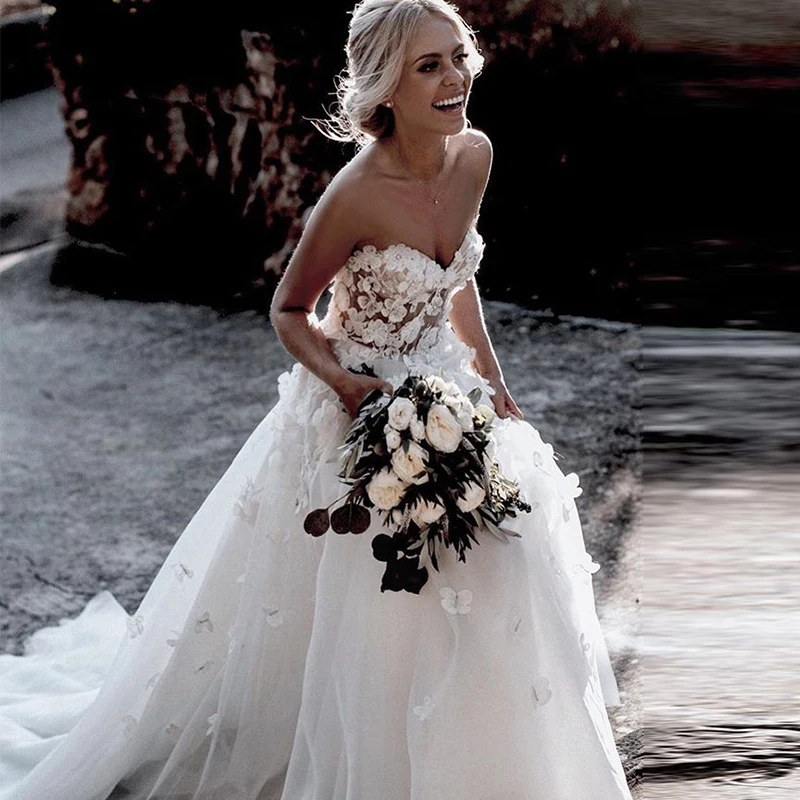 LORIE Бохо свадебное платье аппликация с 3D цветами многоярусная юбка из тюля ТРАПЕЦИЕВИДНОЕ пляжное платье невесты белое vestido de noiva