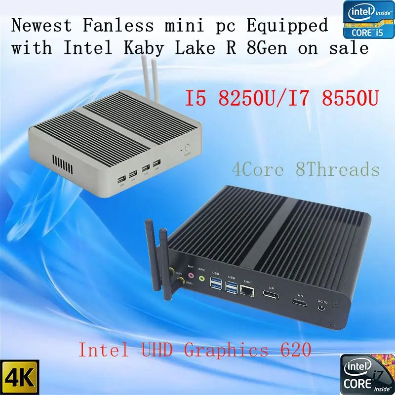 

Newest Kaby Lake R 8Gen Fanless pc i5 8250u/i7 8550u Intel UHD 620 win10 Quad Core 8 Threads DDR4 2133 2400 NUC Freeshipping pc