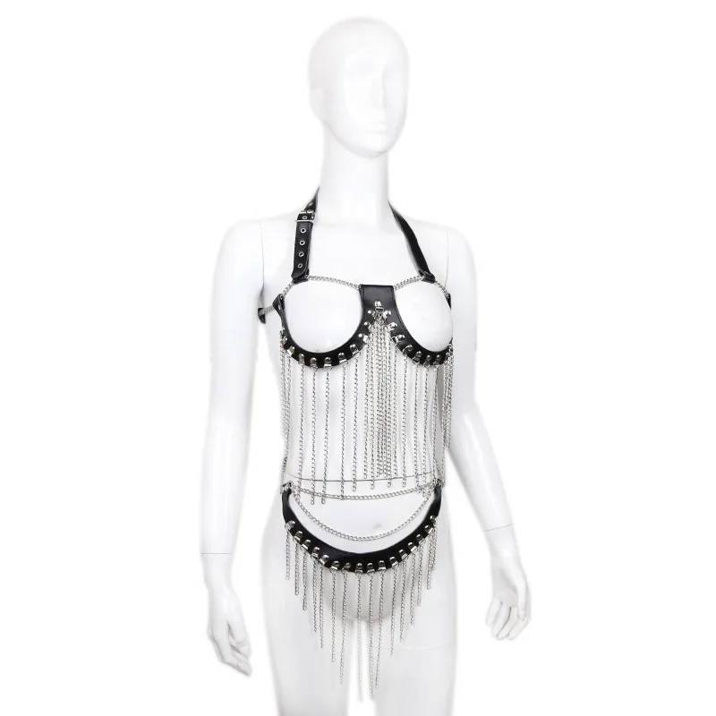 

Punk Sexy Women's Black Rock Street Sling For Body Metal Chain Tassel Corset Corsage Chest Strap Belt Women's Sling