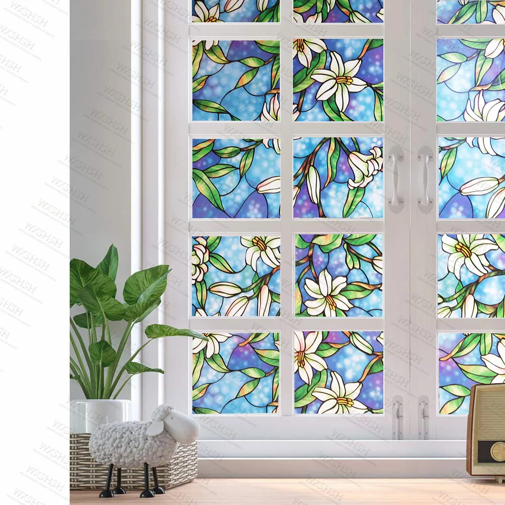 

60 by 200 Cm Vinyl Static Cling Window Shade,Blue Orchid Privacy Stained Glass Decorative Window Film Heat Control Window Tint