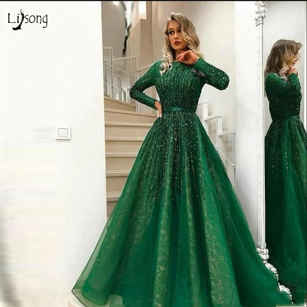 Элегантные с зеленым бисером линии Длинные рукава Кружева Подкладка с длинным платье для выпускного вечера Для женщин знаменитостей для