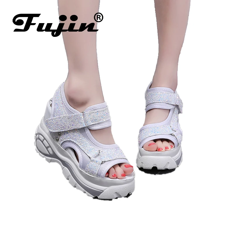 Fujin/популярные босоножки на танкетке Модная летняя обувь для женщин Блестящие