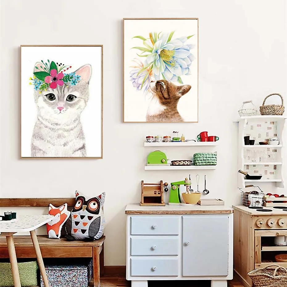 Cat Flowers Canvas Painting Baby Animal Cats Wall Art Nursery Nordic