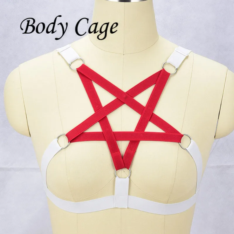 Body Cage Sexy White Elastic Lingerie Red Pentagram Star