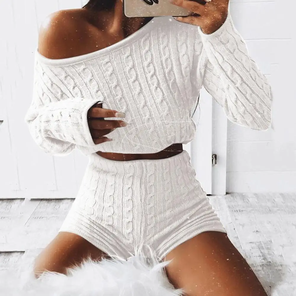 2PC Winter Knitted Cotton Women Pajamas Set Ladies Solid Sexy Off Shoulder Warm Sleepwear Fashion Short Suit Pijama Mujer