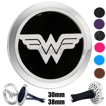 

Hot 30mm-38mm Wonder Woman Magnet Diffuser 316 Stainless Steel Car Aroma Locket Free Pads Essential Oil Car Diffuser Lockets