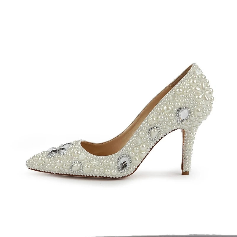 

2019 Fashion Design Women High Heels Ivory Pearl Wedding Party Shoes 3 Inches Heel Bride Shoes Pointed Toe Ceremony Event Pumps