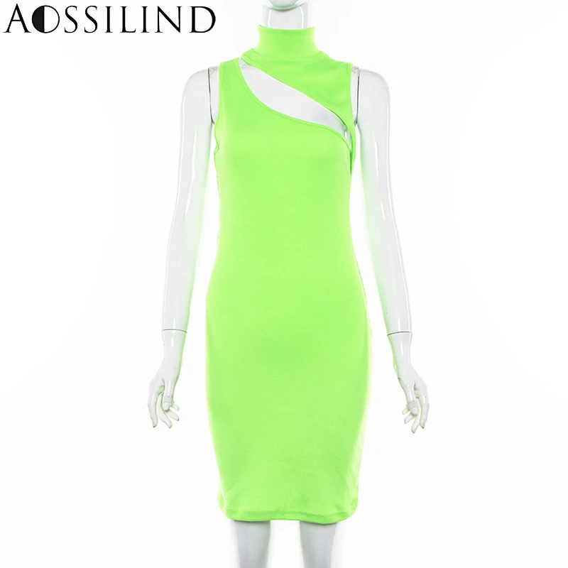 AOSSILIND неоновый зеленый High Neck Bodycon Dress 2019 сезон: весна–лето Для женщин выдалбливают
