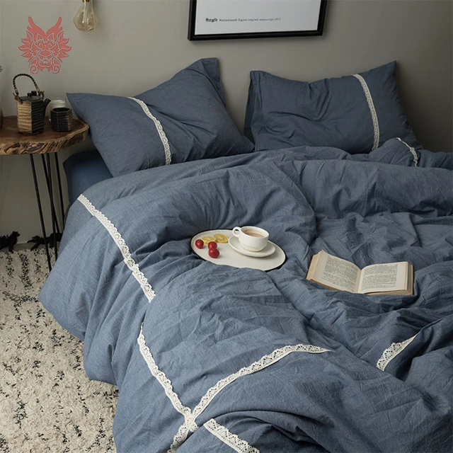 japanese style khaki denim blue white with lace bedding sets washed denim sheet