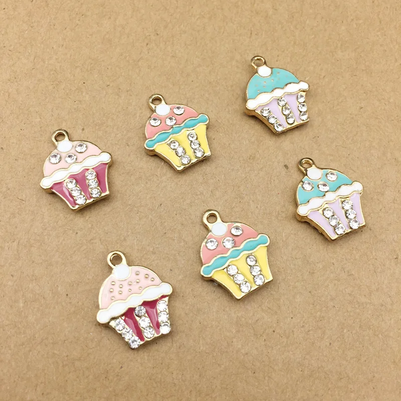 

10pcs 15*18mm Double-sided crystal rhinestone enamel ice cream cake charms accessories earrings pendant hand-made DIY jewelry