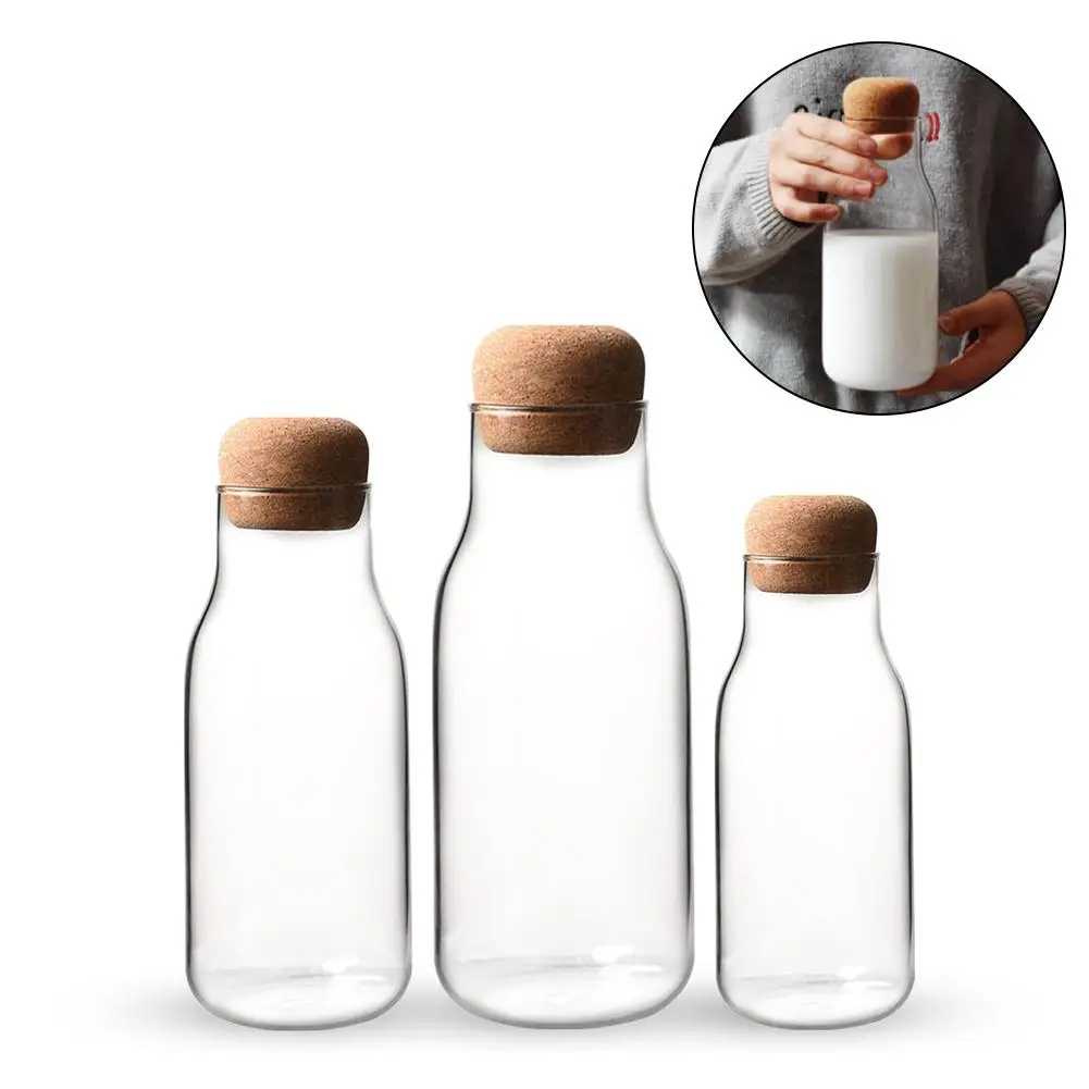 New Home Kitchen Cork Glass Bottle Heat Resistant Milk Juice Bottle Transparent Storage Can Sealed Tea Coffee Storage Tank