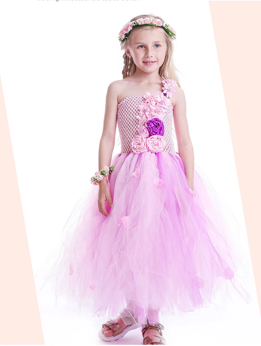 Pink and Purple Flower Girl Tutu Dress Kids Pink Petals Birthday Wedding Party Dress Boutique Handwork Girls Ball Gowns (2)