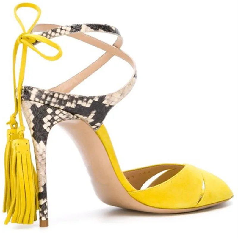 Модные летние пикантные босоножки на высоком каблуке с ремешком на щиколотке; цвет желтый, синий; босоножки с бахромой; вечерние женские туфли; женские туфли из змеиной кожи на шпильке с открытым носком - Цвет: yellow