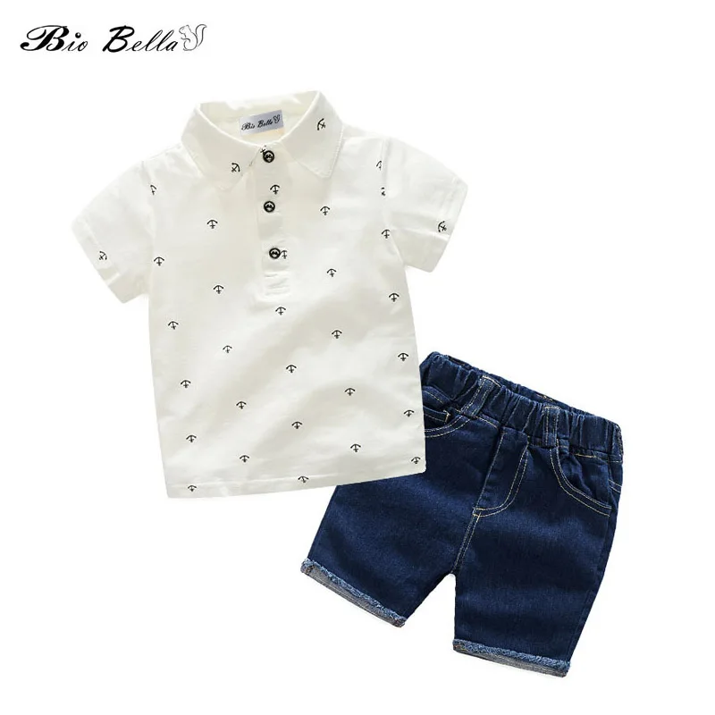 

Fashion Boys Clothing Sets Summer Gentleman Suits Short Sleeve T-shirt +Navyblue Shorts 2pcs Kids Clothes Children Clothing set