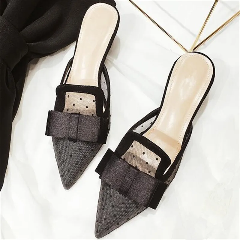 

Sexy Bow-tie Med High Heels Slippers Mesh Wave Point Flip Flops Casual Butterfly-knot Sandals Shoes Womana Sapato Feminino