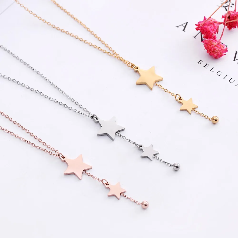 

Gold color 2 stars pendant necklace colar feminino, fashion collares 2019 stainless steel chains necklaces for women jewelry