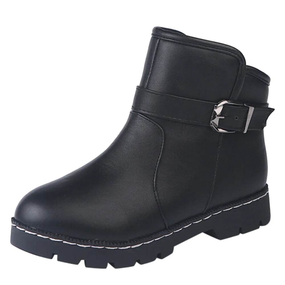 

Women Fashion Snow Boots Leather Round Toe Shoes Square Heels BuckleStrap Short Plush Ankle Boots Botines Mujer 2018