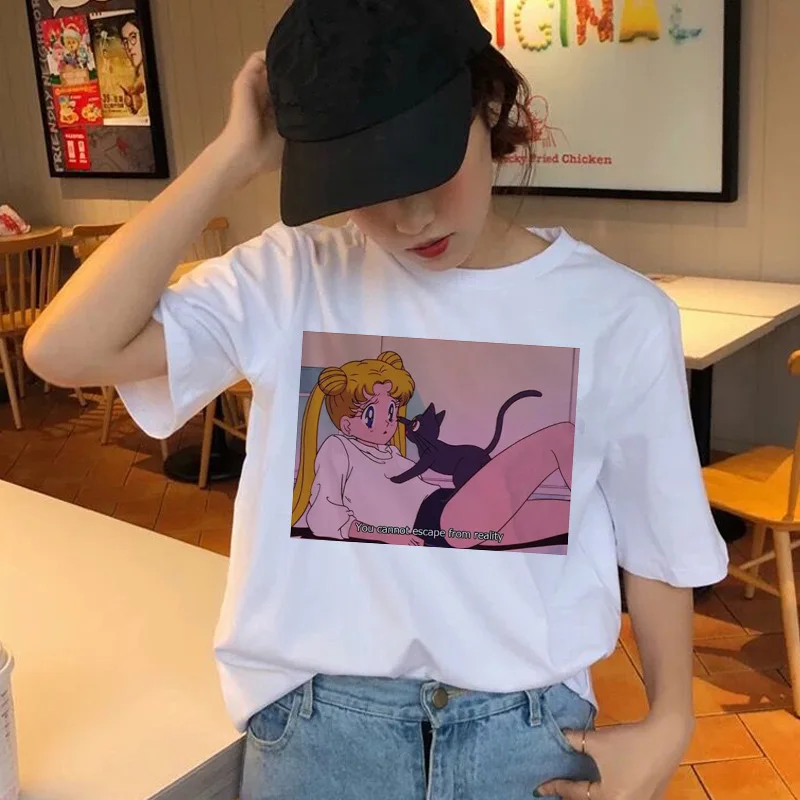 

Sailor Moon kawaii T Shirt grunge aesthetic Fashion Fun T-Shirt Tees Harajuku Cute Female Cat Women Cartoon Tshirt Ulzzang Top