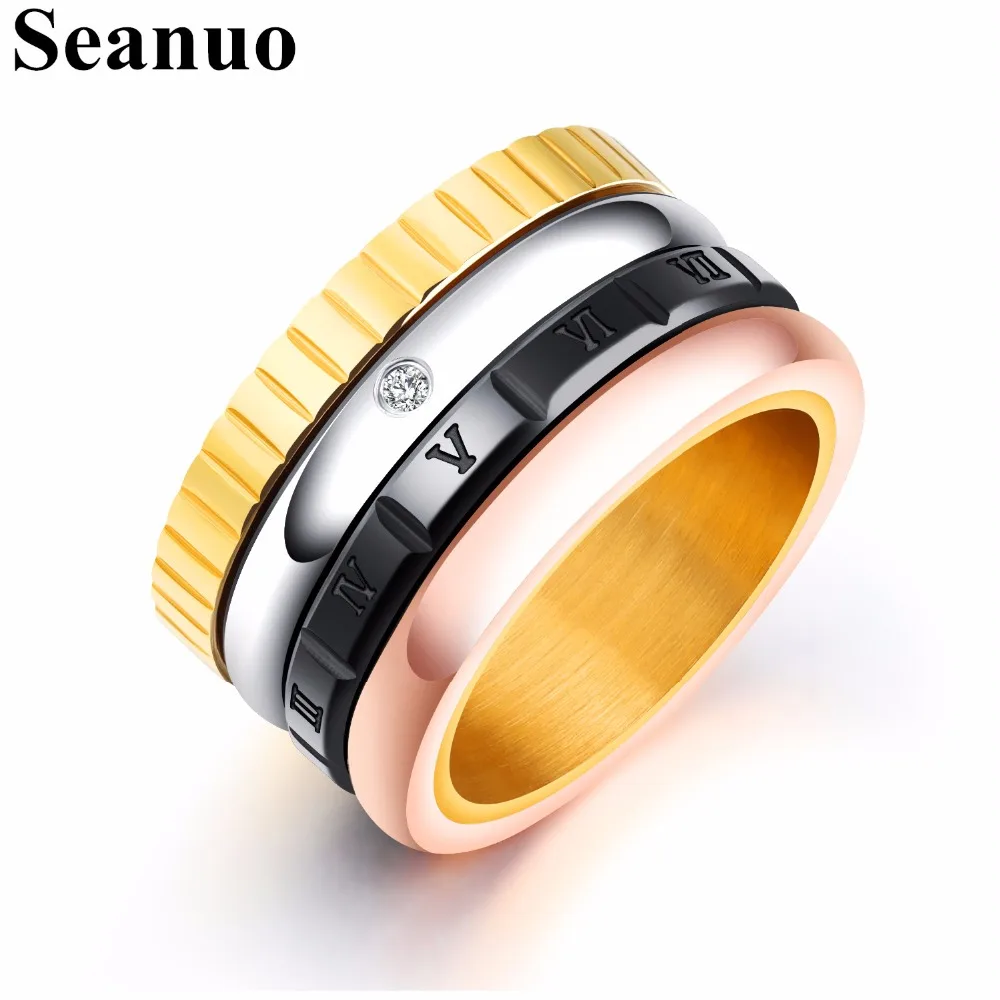 Seanuo 2MM Wide Multi-Color Rotating Men's Stainless Steel Finger Ring Fashion Punk Rotatable Male Roman Numerals CZ Biker | Украшения