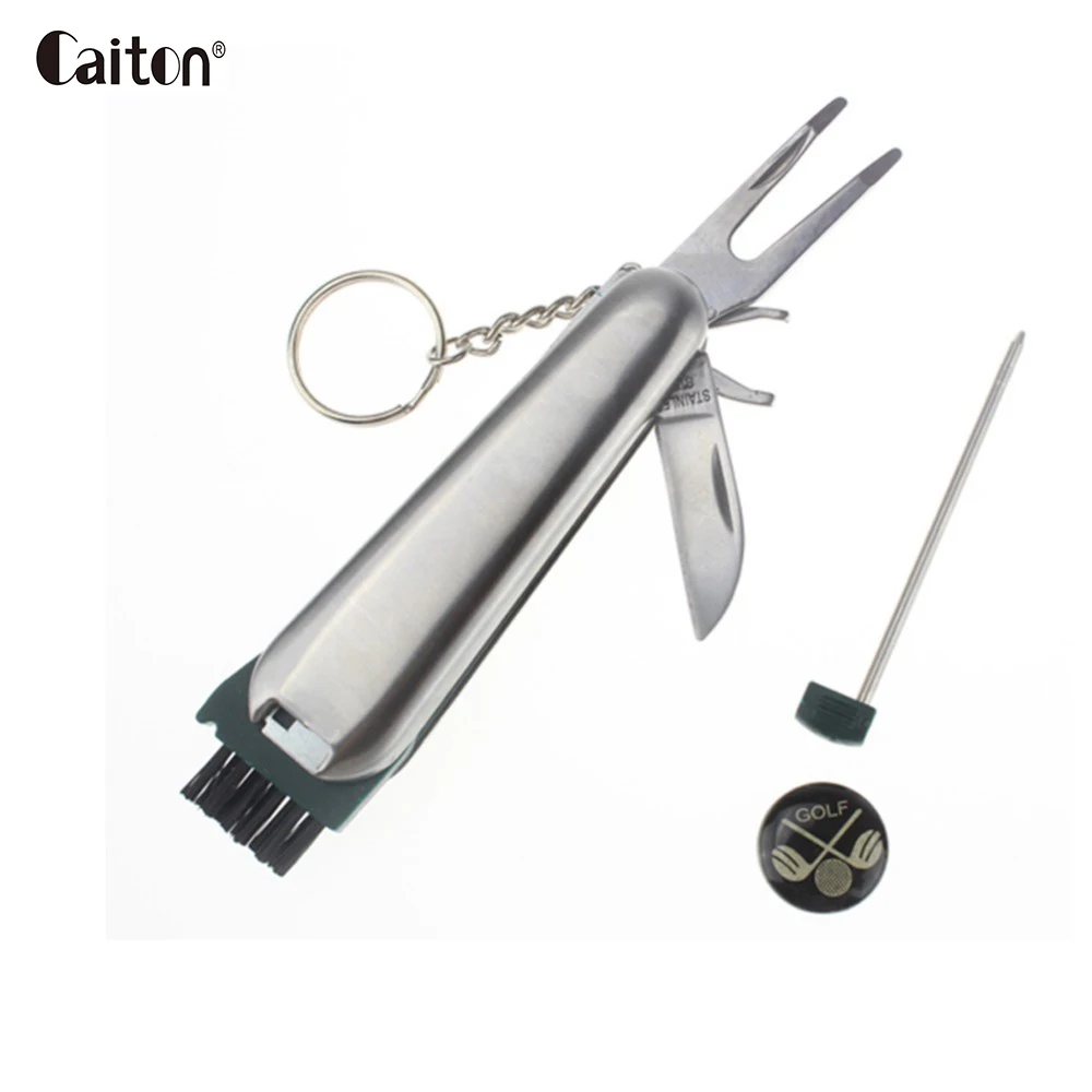 Multi-function golf tool,features a golf ball cleaner brush, ball marker, cleat tightener, club cleaner & divot repair Multi-function golf tool,features a golf ball cleaner brush, ball marker, cleat tightener, club cleaner & divot repair