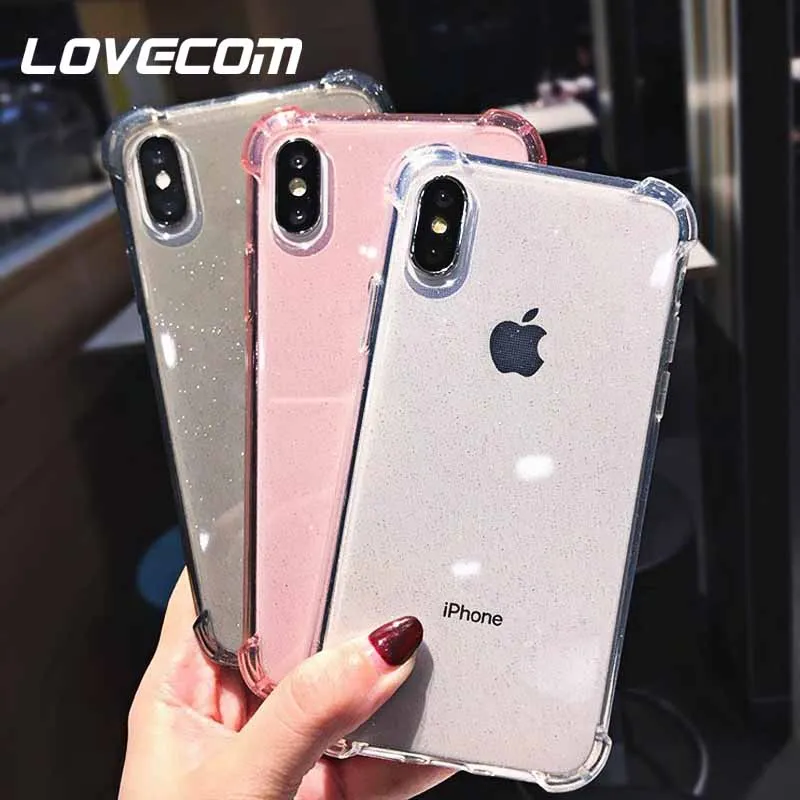

LOVECOM Glitter Bling Anti knock Phone Case For iPhone X XS XR XS Max 6 6S 7 8 Plus Fashion Clear Back Cover Candy Color Cases