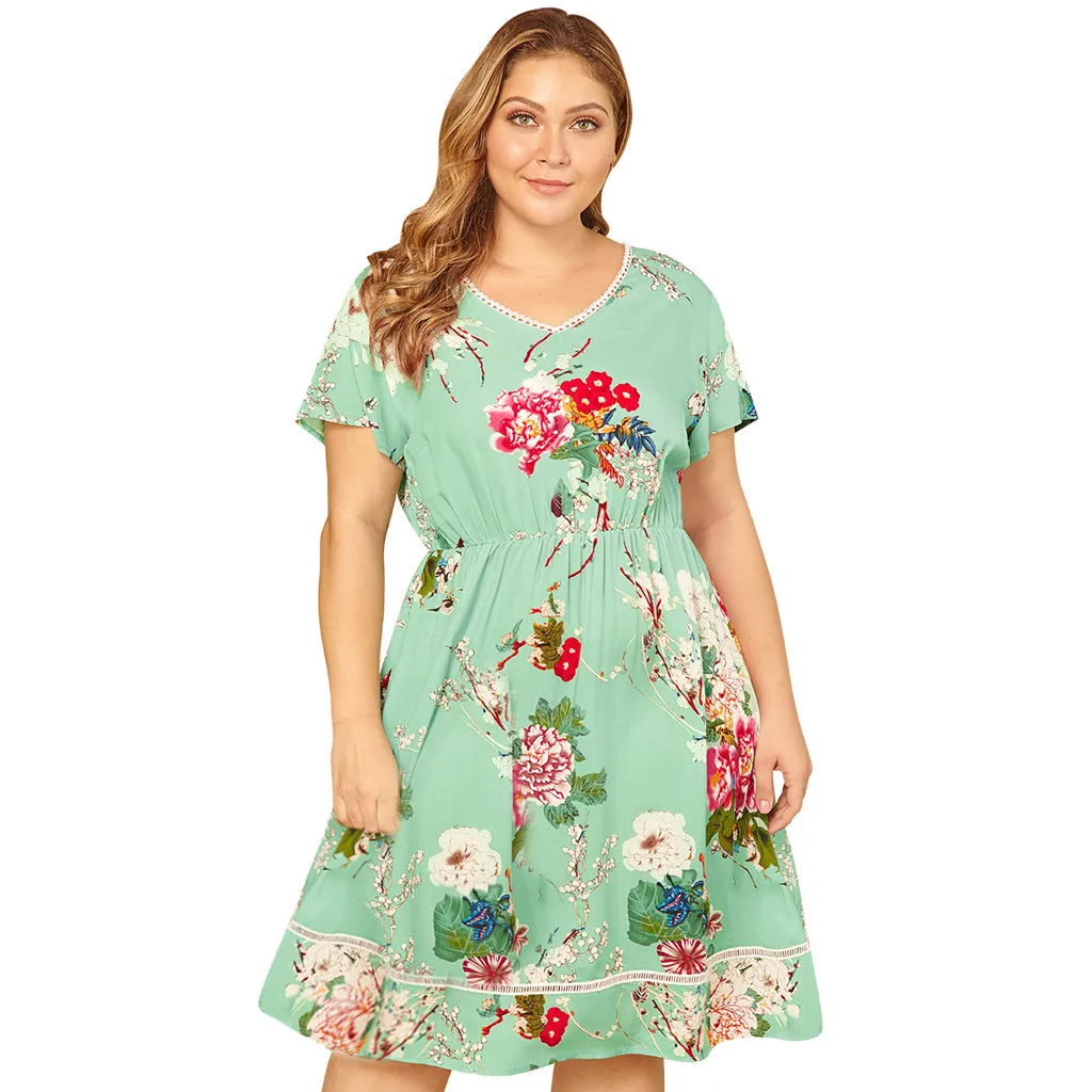 

Women's Plus Size Summer Dress V-neck Short-Sleeved High-Waist Stitching Floral Printing Dress Boho Dress Vestidos Sundress #LR4