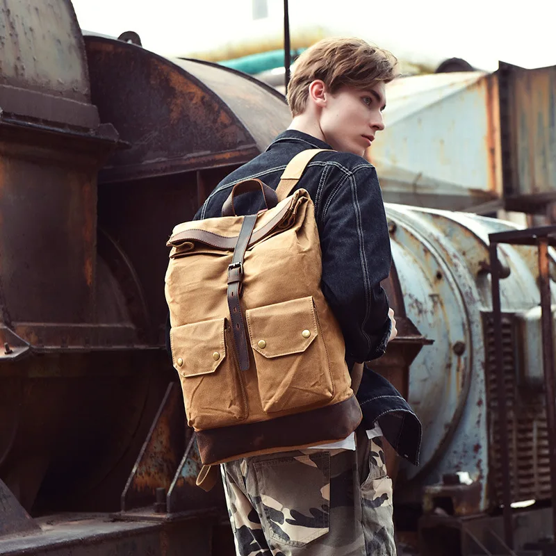 

Brand Designer High Quality Men Wax Canvas Outdoor School Travel Backpack Teenage Classic Retro Large Laptop Bookbags