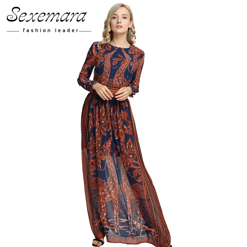 Summer Autumn Long Sleeve Floor Length Robe Dress For Women Flower