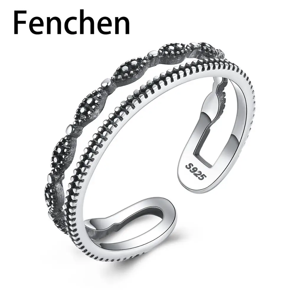 

Fenchen 925 Sterling Silver Embossed Pattern Hollow Design Female Vintage Adjustable Rings Carving S925 Fine Jewelry AR056